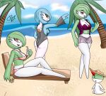  2021 beach beach_chair beverage big_breasts breasts clothed clothing female gardevoir green_hair group hair humanoid nintendo not_furry one-piece_swimsuit orange_eyes palm_tree plant pok&eacute;mon pok&eacute;mon_(species) ralts red_eyes regislowstart sand sea seaside shiny_pok&eacute;mon side_boob signature sitting sun_hat swimwear tree video_games water 