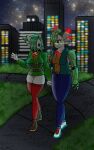  10:16 :3 bell bell_collar belt big_breasts black_eyes breasts city cityscape clothing collar cybernetic_limb cybernetics cyberpunk detailed_background duo facial_markings female gardevoir glowing grass hair hair_over_eye hand_holding head_markings hi_res hoodie humanoid julienne_(reapcreates831) machine mario_bros markings mask night nintendo one_eye_obstructed panty_peek plant pok&eacute;mon pok&eacute;mon_(species) reapcreates831 road shyguy skindentation thick_thighs topwear video_games walking 