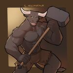  1:1 2021 abs anthro border bottomwear bovid bovine brown_background brown_border clothed clothing english_text european_mythology fur gradient_background greek_mythology hammer holding_hammer holding_object holding_tool holding_weapon horn jrjresq male mammal minotaur muscular muscular_anthro muscular_male mythology number open_mouth pecs shorts simple_background solo teeth text tongue tools topless topless_male tuft weapon 