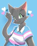  &lt;3 anthro cel_shading clothed clothing collared_shirt domestic_cat eyelashes felid feline felis female fur green_eyes grey_body grey_fur hi_res lgbt_pride looking_at_viewer mammal portrait pose pride_color_clothing pride_color_topwear pride_colors raveneevee shaded sheilah_(5h3i1ah) shirt smile solo standing topwear transgender_pride_colors 