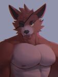  2021 3:4 abs anthro canid canine clothing eye_patch eyebrows eyewear five_nights_at_freddy&#039;s fox foxy_(fnaf) fur grey_background half-length_portrait hi_res jrjresq looking_at_viewer machine male mammal muscular muscular_anthro muscular_male nipples nude pecs portrait simple_background smile solo teeth thong tuft underwear video_games 