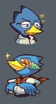  armor avian beak berdly bird blue_body blue_feathers clothing crossed_arms deltarune eyes_closed eyewear feathers glasses headshot_portrait male narrowed_eyes pontata portrait scouter shirt simple_background smile smug solo topwear undertale_(series) video_games wings yellow_beak 