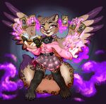  anthro avian brown_body brown_fur card clothed clothing collar cute_expression feathered_wings feathers felid female fishnet fishnet_legwear fur hi_res legwear magic magic_user mammal pantherine purple_body purple_eyes purple_fur purple_magic scrismory selena_kitsune snow_leopard solo spots stockings tarot_card wings 