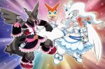  absurd_res ambiguous_gender anthro black_clothing blue_eyes bottomwear clothing feathers grey_body group hi_res jewelry legendary_pok&eacute;mon nintendo on_ice_(artist) orange_body pok&eacute;mon pok&eacute;mon_(species) red_eyes reshiram ribbons skirt victini video_games white_body white_clothing white_feathers zekrom 