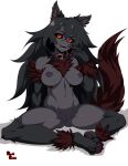  2017 absurd_res animal_humanoid areola black_body black_fur black_hair black_sclera breasts butt canid canid_demon canid_humanoid canine canine_humanoid chest_tuft clothed clothing demon edit erect_nipples female fluffy fluffy_tail fur genitals hair hellhound hellhound_(mge) hi_res humanoid inner_ear_fluff long_hair mammal mammal_humanoid monster_girl_(genre) monster_girl_encyclopedia nipples nude orange_eyes pawpads pussy red_body red_fur reddgeist simple_background sitting topless tuft white_background 
