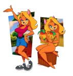  activision anthro bandicoot berryvapor blonde_hair clothed clothing colored covering covering_breasts crash_bandicoot_(series) female food fruit hair hi_res mammal marsupial nude plant seductive simple_background sitting tawna_bandicoot video_games white_background wumpa_fruit 