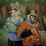  1:1 2021 anthro black_nose blush bottomwear canid canine canis clothing dave_(password) detailed_background duo hi_res hoodie humanoid_hands hyaenid male male/male mammal nimbysan one_eye_closed outside pants password_(visual_novel) plant shirt striped_hyena topwear tree tyson_(password) video_games visual_novel wolf 
