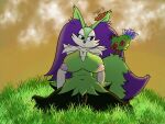  4:3 :/ accessory anthro big_breasts braixen breasts chest_tuft clitoris feet female flower flower_in_hair fluffy fluffy_tail fur genitals grass hair hair_accessory hi_res inner_ear_fluff kneeling multicolored_body multicolored_fur nintendo nipples plant pok&eacute;mon pok&eacute;mon_(species) purple_body purple_fur pussy reapcreates831 solo toes tuft two_tone_body two_tone_fur video_games yellow_body yellow_fur 