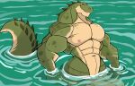  absurd_res anthro crocodile crocodilian crocodylid darknaigart green_body hi_res male muscular muscular_anthro muscular_male nipple_piercing nipples non-mammal_nipples nude partially_submerged pecs piercing reptile scalie solo water 