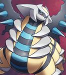 6_legs absurd_res altered_forme_giratina ambiguous_gender black_sclera blue_eyes claws feral giratina hi_res horn legendary_pok&eacute;mon nintendo on_ice_(artist) pok&eacute;mon pok&eacute;mon_(species) shiny_pok&eacute;mon simple_background solo video_games wings yellow_body 