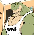  absurd_res anthro armpit_hair big_pecs body_hair chest_hair clothing darknaigart dinosaur facial_hair green_body hi_res inside jace_(darknaig) looking_at_viewer male muscular muscular_anthro muscular_male pecs reptile scalie shirt solo tank_top tattoo theropod topwear tyrannosaurid tyrannosaurus tyrannosaurus_rex white_clothing white_shirt white_tank_top white_topwear 