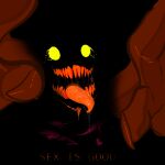 1:1 absurd_res anthro bodily_fluids creepy dark demon dogga doggasaurio fangs female herm hi_res intersex male monster saliva simple_background solo text tongue tongue_out yellow_eyes 