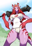  2021 5_fingers anthro asian_clothing biped black_sclera blush breasts camel_toe clothing dragon east_asian_clothing female fingers front_view fundoshi hair hand_on_hip hi_res holding_object holding_sword holding_weapon horn j7w japanese_clothing long_hair looking_at_viewer looking_down low-angle_view melee_weapon nipple_outline outside pink_body portrait pupils red_hair shirt slit_pupils solo standing sword tail_ridge three-quarter_portrait topwear under_boob underwear weapon wingless_dragon yellow_eyes 