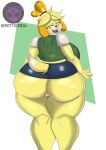  absurd_res animal_crossing anthro berettiger26 big_breasts big_butt blush bottomwear breasts butt canid canine canis clothed clothing domestic_dog female genitals hi_res huge_butt isabelle_(animal_crossing) mammal miniskirt nintendo no_underwear pencil_skirt pussy shih_tzu skirt solo toy_dog video_games yellow_body 