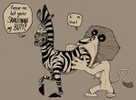  alakay_alex chest_bulge dialogue dialogue_box dreamworks duo equid equine eye_contact feet_first felid feral lion looking_at_another looking_back lordweegee64 madagascar_(series) male male/male mammal mane marty_the_zebra mouthful open_mouth pantherine swallowing vore zebra 