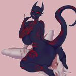  1:1 anthro big_breasts black_body black_skin breasts butt demon duo facesitting female hi_res horn jinn male male/female muscular muscular_anthro nude open_mouth raymond_vifl red_eyes sergal sex simple_background slutydox smile tattoo tongue white_body yetzer_hara 