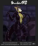  absurd_res bed belt breasts brick clasps cleavage clothed clothing dominant dominant_female dominantrix dominatrix dragon dungeon english_text female furniture hi_res leather rubber scalie scorchwind58 solo suit text url whip 