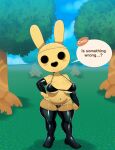  animal_crossing anthro armwear bikini black_clothing black_topwear blush bottomwear breasts clothed clothing coco_(animal_crossing) elbow_gloves empty_eyes fecharis female gloves gyroid handwear hi_res lagomorph legwear leporid looking_at_viewer mammal nintendo open_mouth potbelly rabbit solo somescrub swimwear text thigh_highs topwear video_games 