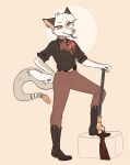  absurd_res anthro boots canid canine captyns clothing cowboy_boots footwear gun hi_res lever_action_rifle mammal ranged_weapon reptile rifle scalie snake solo weapon 