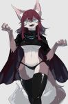  2019 5_fingers anthro belly big_breasts black_cloak black_clothing black_panties black_underwear blue_eyes breasts brown_body brown_fur canid canine clothing ear_tuft eyewear female fingers fox fur glasses hair hi_res kemono legwear long_hair looking_at_viewer looking_forward mammal multicolored_body multicolored_fur navel open_mouth open_smile panties red_hair royluna simple_background smile solo teeth thigh_highs tongue tuft two_tone_body two_tone_fur under_boob underwear walking white_background white_body white_fur 