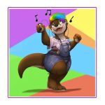  1:1 2021 absurd_res anthro border brown_body brown_fur clothed clothing fully_clothed fur green_eyes hair hi_res holding_object lgbt_pride light lighting louart lutrine mammal multicolored_hair musical_note mustelid open_mouth open_smile pride_colors rainbow_hair shaded signature smile solo white_border 