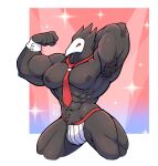  abs armpit_hair avian biceps black_body black_feathers body_hair clothing darkner deltarune feathers hi_res jockstrap male mask mostly_nude muscular muscular_male necktie nipples obliques pecs pose quads red_eyes solard0gg0 solo sparkles swatchling triceps undertale_(series) underwear video_games 