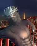  abs accessory anthro black_body black_fur canid canine canis city city_background crazy_sll domestic_dog fur hair headband hi_res lifewonders male mammal muscular muscular_anthro muscular_male nipples pecs red_eyes scar shirtless solo tadatomo tokyo_afterschool_summoners video_games white_hair 