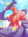  2021 beach_style_garchomp black_sclera blue_body blue_sky bodily_fluids bottomless bottomless_male clothed clothing d.summer day digital_media_(artwork) dorsal_fin feral fin garchomp hi_res male male_(lore) nintendo open_clothing open_mouth open_shirt open_topwear orange_clothing orange_shirt orange_topwear pecs pok&eacute;mon pok&eacute;mon_(species) pokemon_unite scalie semi-anthro sharp_teeth shirt sky snorkel solo spikes sweat teeth topwear video_games wing_claws yellow_body yellow_eyes 
