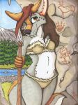  absurd_res anthro bdever canid canine canis cave clothing female hi_res mammal melee_weapon mountain plant polearm solo spear tree weapon wolf 