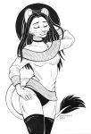  2021 5_fingers anthro black_and_white breasts choker clothed clothing eyes_closed felid female fingers fur hair hand_behind_head humanoid_hands jewelry legwear lion long_hair lucy_martinez mammal monochrome necklace pantherine panties signature sketch smile snowsnow11 solo sonichomeboy_(copyright) stockings sweater tail_tuft topwear traditional_media_(artwork) tuft underwear whiskers 
