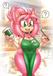  5_fingers ? accessory amy_rose anthro apron apron_only big_breasts bodily_fluids breasts cleavage clothed clothing container cup curvy_figure eulipotyphlan female fingers green_apron green_eyes hair hair_accessory hairband hedgehog hi_res holding_cup holding_object i_mean_breast_milk mammal meme michiyoshi mostly_nude pen pink_body pink_hair sega solo sonic_the_hedgehog_(series) standing sweat sweatdrop thick_thighs voluptuous wide_hips 