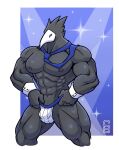  abs avian biceps black_body black_feathers blue_eyes clothing darkner deltarune feathers hi_res jockstrap male mask mostly_nude muscular muscular_male necktie nipples obliques pecs pose quads solard0gg0 solo sparkles swatchling triceps undertale_(series) underwear video_games 