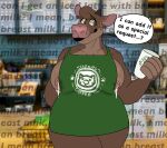  anthro apron apron_only big_breasts bodily_fluids bovid bovine breasts cattle clothing female green_apron i_mean_breast_milk lactating lips looking_at_viewer mammal meme mostly_nude nipples solo sstinkies starbucks thick_bottom_lip 