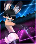 5:6 absurd_res anthro axelwolf butt city cityscape cute_fangs glistening glistening_body glowing glowing_background hi_res lagomorph latex_stockings leporid lights male mammal pinup pose rabbit sexy_eyes sky solo star starry_sky 
