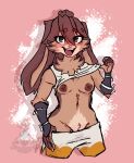  anthro blue_eyes blush breasts brown_body brown_fur chest_tuft clothing criilock digital_media_(artwork) female flashing flashing_breasts flashing_pussy fur genitals gloves handwear hi_res lagomorph lepi leporid long_ears lop_(star_wars_visions) mammal multicolored_body multicolored_fur open_mouth pink_nose pussy rabbit simple_background sleeveless_shirt smile solo star_wars star_wars_visions teasing tongue tuft undressing 