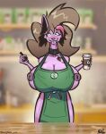  &lt;3 &lt;3_eyes anthro apron apron_only areola beverage big_breasts blue_eyes breasts canid canine canis clothed clothing coffee collar container cup digital_media_(artwork) emi_(emifern) emifern female fox fur green_apron hair hi_res huge_breasts hybrid i_mean_breast_milk looking_at_viewer mammal meme mostly_nude nipples pink_body pink_fur portrait pupils solo starbucks symbol-shaped_pupils teeth unusual_pupils wolf 