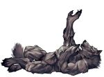  anthro balls barely_visible_genitalia canid canine canis claws digitigrade fluffy fur genitals grey_body grey_fur hi_res lying male mammal muscular muscular_male nmvsolidus reaching_out simple_background solo were werecanid werecanine werewolf wolf yellow_eyes 