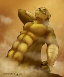  2021 abs anthro domestic_ferret looking_at_viewer low-angle_view male mammal muffin_(themuffinly) muscular muscular_male mustela mustelid musteline restricted_palette solo themuffinly true_musteline worm&#039;s-eye_view 
