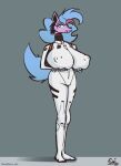  absurd_res anthro big_breasts blue_hair blue_tail breasts canid canine canis clothing collar cosplay costume emi_(emifern) emifern exposed_breasts female fox fur genital_outline hair hi_res holding_breast hybrid mammal neon_genesis_evangelion pink_body pink_fur plug_suit red_eyes rei_ayanami skin_tight_suit solo supporting_breasts teeth tight_clothing wolf 