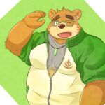  1:1 2021 anthro belly brown_body clothing eyewear glasses guratan_wa hi_res humanoid_hands kemono lifewonders male mammal one_eye_closed overweight overweight_male shirt simple_background solo tokyo_afterschool_summoners topwear ursid video_games volos wink 