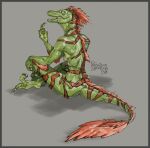  anthro bottomwear clothing dinosaur dromaeosaurid feathers female green_body green_skin hi_res loincloth priscillasheep red_body red_feathers reptile scalie solo theropod uthalla velociraptor 