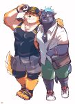 anthro arm_around_shoulders barrel_(live-a-hero) canid canine canis clothing duo eyewear fire flaming_hair flaming_mane furlong_(live-a-hero) glasses hat headgear headwear hi_res hyaenid lifewonders live-a-hero male male/male mammal messenger_bag muscular muscular_anthro muscular_male one_eye_closed pawpads pecs pseudo_hair pseudo_mane sawch_cls shirt tank_top topwear video_games wink wolf 