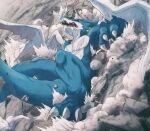  absurd_res anthro bandai_namco battle blue_body claws digimon digimon_(species) dragon exveemon fight hi_res horn impact_crater kubota_keita male muscular muscular_anthro muscular_male pecs solo wings wounded 