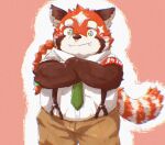  2021 ailurid anthro blush bottomwear brown_body clothing cute_fangs hi_res kemono kipchin_2nd00 lifewonders male mammal necktie overweight overweight_male pants red_body red_panda shirt simple_background solo suspenders tokyo_afterschool_summoners topwear video_games white_body zhurong_(tas) 