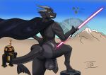  absurd_res anthro balls big_balls big_butt big_penis black_body butt cape cape_only clothed clothing dragon genitals hi_res huge_balls huge_penis hyper hyper_balls hyper_genitalia hyper_penis kyusiik lightsaber looking_at_viewer male melee_weapon mostly_nude partially_clothed penis solo space_dragon star_wars weapon 