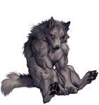  anthro canid canine canis claws digitigrade hi_res hunched_over male mammal muscular muscular_male neck_tuft nmvsolidus pawpads paws simple_background sitting solo tuft were werecanid werecanine werewolf wolf yellow_eyes 