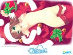  blush breasts brown_hair green_eyes hat long_hair looking_at_viewer lying navel nude pussy santa_hat shaved_pussy smile uncensored 