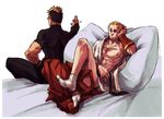  2boys bed geese_howard itkz king_of_fighters male male_focus multiple_boys smoking snk yamazaki_ryuji yamazaki_ryuuji yaoi 