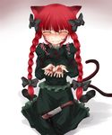  animal_ears blood braid cat_ears cat_tail closed_eyes commentary ears extra_ears guro hair_ribbon kaenbyou_rin knife long_hair multiple_tails mutilation red_hair ribbon self-mutilation shimo_(depthbomb) solo tail tears touhou twin_braids twintails 