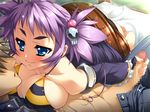  1boy 1girl blue_eyes blush breast_press breasts censored detached_sleeves game_cg handjob hongou_kazuto koihime_musou maå penis purple_hair riten smile 